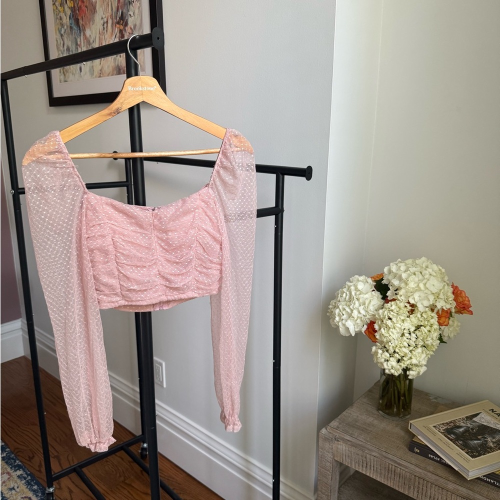 Windsor Pink Sheer Dotted Ruched Long-Sleeve Crop Top